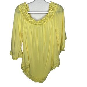 Zanzea Women's Yellow  Lace Trim Round Neck 3/4 Sleeve Blouse Bell Hi-Low Large